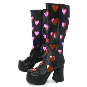 SUGAR THRILLZ Dolls Kill Pink Clear Hearts Platform Go-Go Knee High Boots 8M